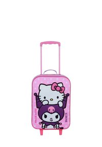 Maleta rígida rosa con diseños de Hello Kitty y Kuromi, lunares, asa extensible y dos ruedas.