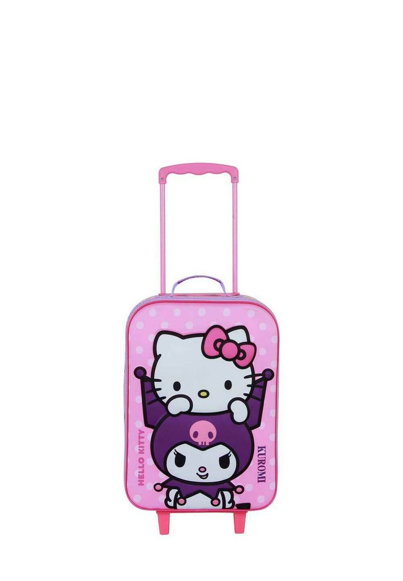 Maleta rígida rosa con diseños de Hello Kitty y Kuromi, lunares, asa extensible y dos ruedas.