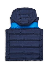 Gilet imbottito blu navy con cappuccio, caratterizzato da righe orizzontali trapuntate e un interno blu a contrasto. Tessuto liscio e isolante per il calore.
