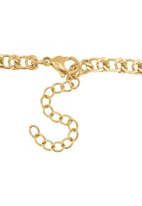 Gouden kettingarmband met in elkaar grijpende ovale schakels en een karabijnsluiting, voorzien van een gebogen verlengketting voor verstelbare maat.