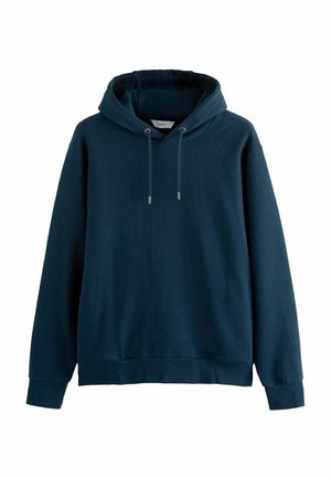 Dunkelblauer Kapuzenpullover mit gerippter Textur, Kordelzugkapuze und gerippten Ärmeln. Schlichtes Design ohne zusätzliche Muster oder Hardware-Details.