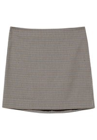 Gonna mini a scacchi bianco e nero con vita piatta, caratterizzata da una leggera forma ad A e una superficie liscia.
