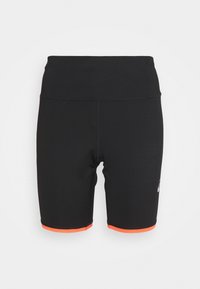 Black athletic shorts with a high waistband. Features orange trim at the hem and a small logo on the left leg. Smooth fabric texture.