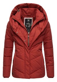 Red puffer jacket with a hood, featuring diagonal quilting, a front zip closure, and metallic snap buttons. The fabric is smooth and slightly shiny.