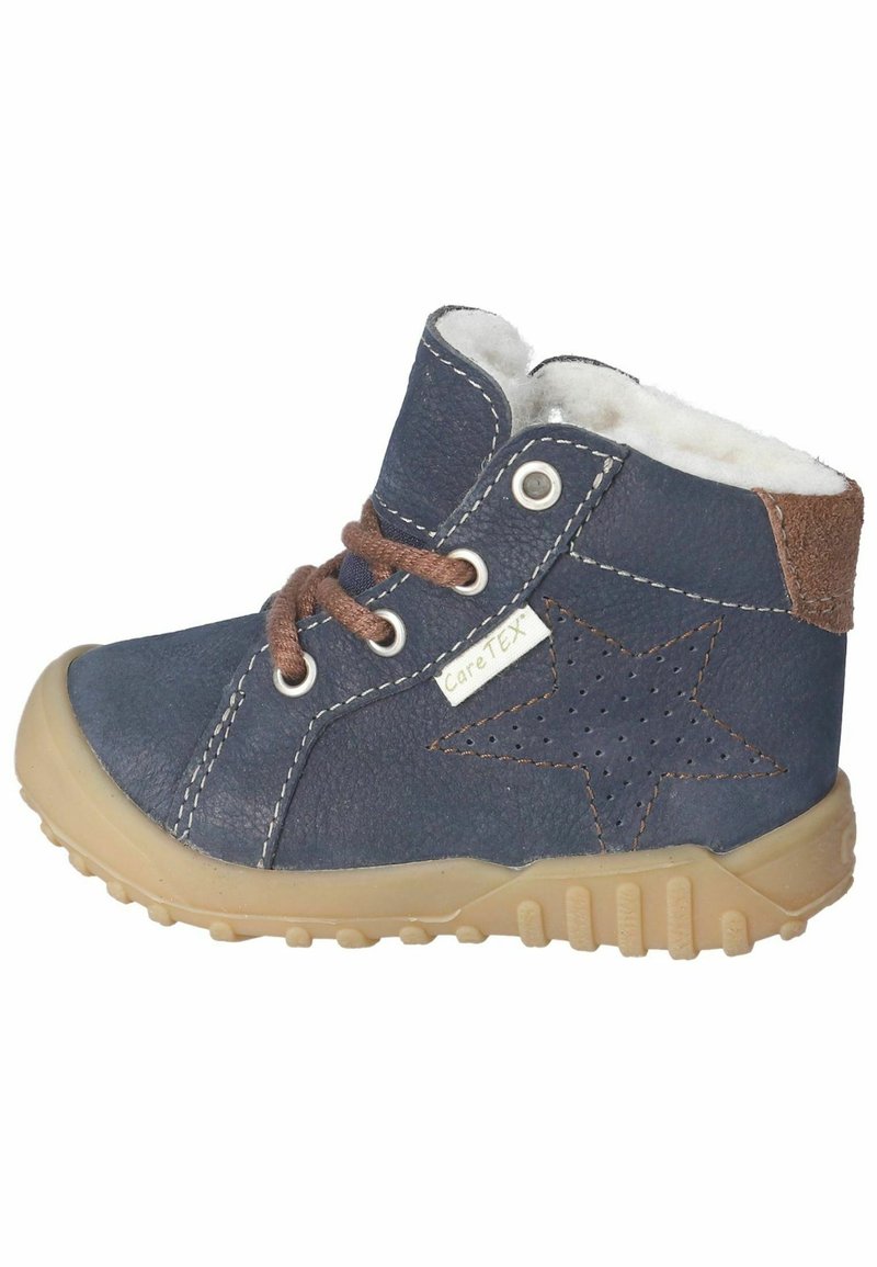 Stivaletto in pelle blu scuro con lacci marroni, suola in gomma beige e design a stella intagliato sul lato. Fodera in materiale morbido.