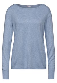 Vaaleansininen pitkähihoinen neule, jossa on leveä pyöreä kaula-aukko, pehmeä rakenne ja ribbireunat. Yksinkertainen muotoilu ilman kuvioita tai koristeita.