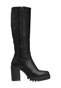 Botas negras hasta la rodilla hechas de cuero suave, con un cierre lateral, tacón grueso y suela de goma texturizada con un patrón de banda de rodadura.