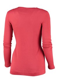 Langarmshirt aus korallfarbenem Jersey-Stoff, taillierte Passform, runder Halsausschnitt, glatte Textur, mit Raffungen an den Bündchen und geradem Saum.
