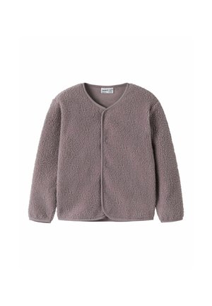 Veste polaire gris violacé à manches longues avec boutons-pression et encolure arrondie, présentée à plat sur fond blanc.