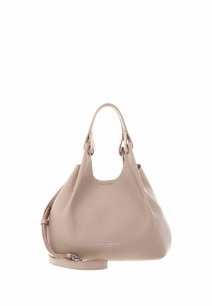 Borsa a mano in pelle rosa tenue dalla forma arrotondata, con doppi manici superiori, tracolla removibile e discreto logo del marchio sul davanti.