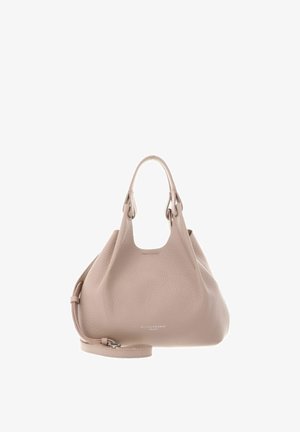 Borsa a mano in pelle rosa tenue dalla forma arrotondata, con doppi manici superiori, tracolla removibile e discreto logo del marchio sul davanti.