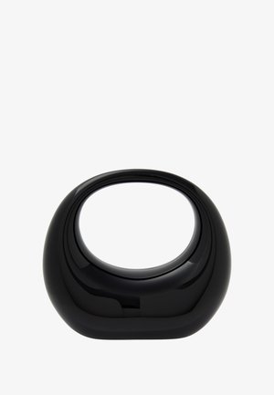 Musta keraaminen kulho, jossa on kiiltävä pinta, soikea muoto ja sileä pinta, jossa on avoin keskiosa. Yksinkertainen, moderni muotoilu ilman koristeluja.