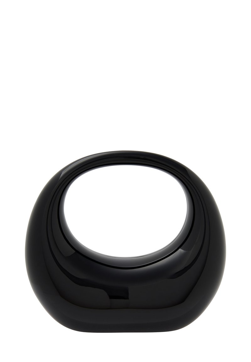 Sort keramikskål med en blank overflade, oval form og en glat overflade med et åbent center. Enkel, moderne design uden udsmykninger.