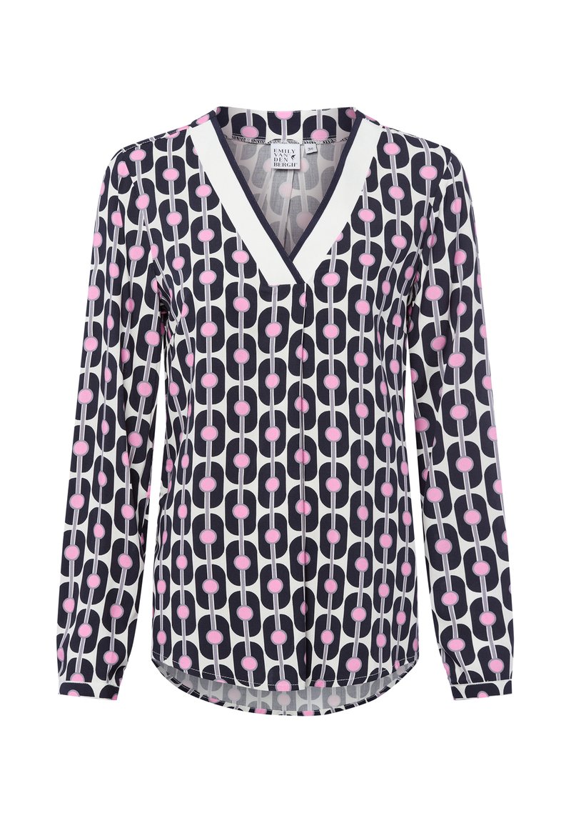 Langarm blouse in marineblauw met een roze en witte cirkelpatroon, met een V-halslijn en een relaxte pasvorm. Lichtgewicht, gladde stof.