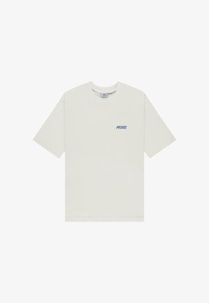 Svetlo béžové bavlnené tričko s krátkymi rukávmi, s malým modrým logom textu "POCKIES" na ľavej strane hrude.