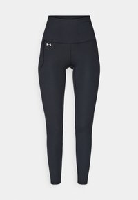 Leggings atletici neri a vita alta con una tasca laterale e un piccolo logo bianco Under Armour all'anca sinistra.