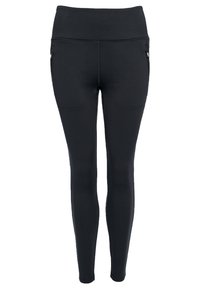 Svarta leggings med hög midja, med sidofickor med dragkedja, slät textur och en åtsittande design, lämpliga för aktiv träning.