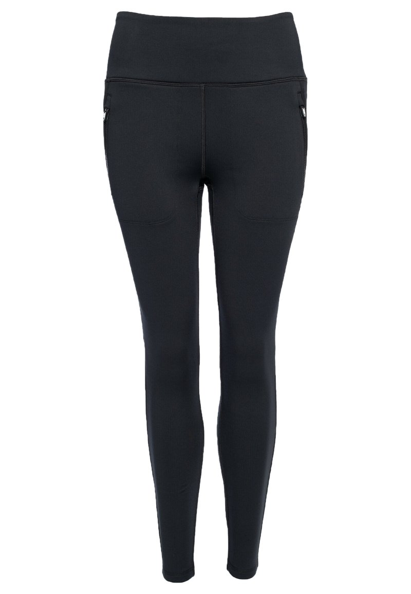 Svarta leggings med hög midja, med sidofickor med dragkedja, slät textur och en åtsittande design, lämpliga för aktiv träning.