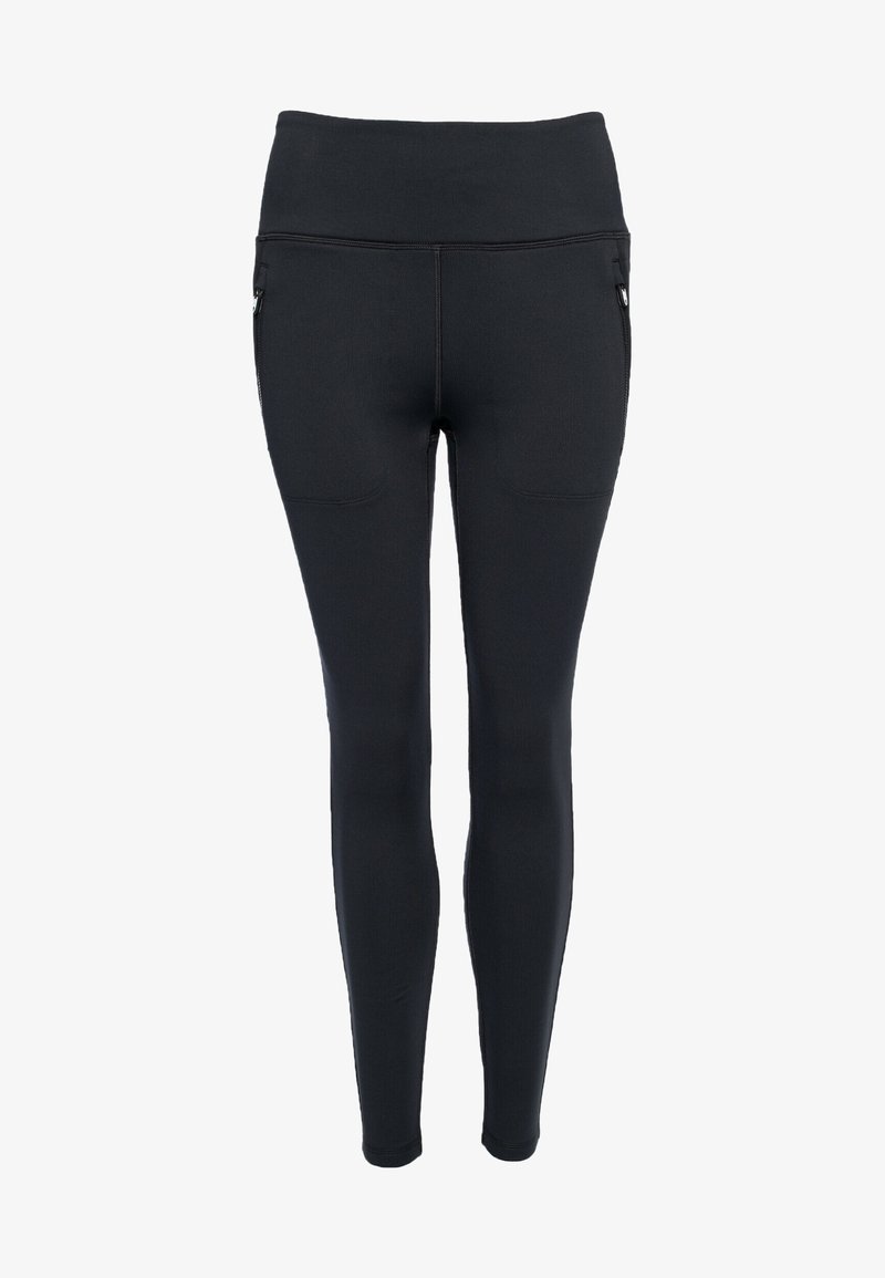 Mustat leggingsit, joissa on korkea vyötärö, sivuletkureilla, sileä pinta ja tiukka muotoilu, sopivat aktiiviseen käyttöön.