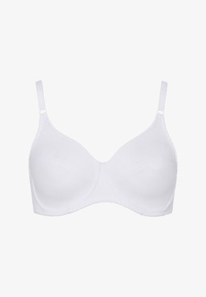 White underwire bra made of smooth fabric. Features adjustable straps and a simple design without embellishments or patterns.