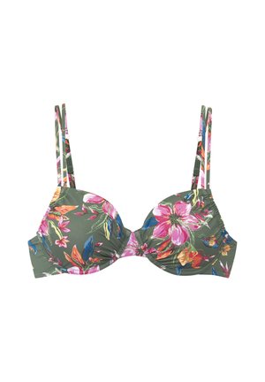 Green bra with pink, orange, and blue floral patterns and double thin shoulder straps on a white background.