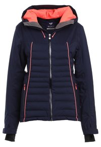 Granatowa damska puchowa kurtka z koralowo-różową podszewką kaptura, różowymi lamówkami, przednim zamkiem błyskawicznym, zapinanymi na zamek kieszeniami po bokach oraz regulowanymi paskami na nadgarstkach.