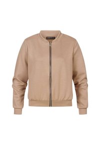Beige bomberjack in zachte stof, met een voorrits, ribgebreide manchetten en zoom, een ronde halslijn en een minimalistisch ontwerp.