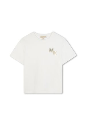 Hvit bomulls t-skjorte med korte ermer, med et lite metallisk logo "MK" brodert på venstre bryst. Enkel rund halslinning.