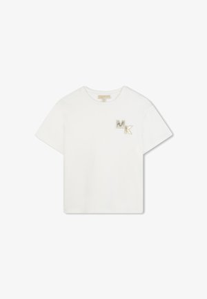 Bílý bavlněný tričko s krátkým rukávem, které má na levém prsu malý kovový vyšitý logo "MK". Jednoduchý zaoblený výstřih.