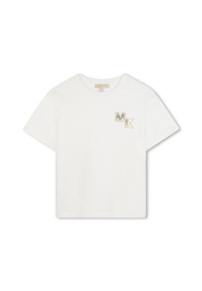 Vit bomull t-shirt med kort ärm som har en liten metallisk logotyp "MK" broderad på vänster bröst. Enkel rundad halsringning.
