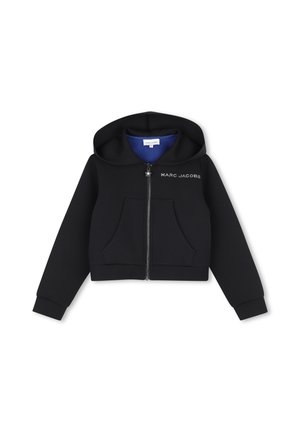 Sweat à capuche court noir zippé avec poches avant, capuche et texte "MARC JACOBS" sur la partie supérieure gauche de la poitrine.