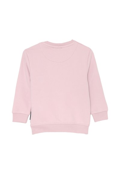 Felpa lunga a maniche per bambini in rosa chiaro, con polsini e orlo a costine e scollo a giro, mostrata sul retro su uno sfondo bianco.