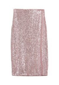 Gonna a matita in paillettes rosa oro con vita alta, silhouette dritta e orlo al ginocchio.