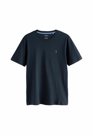 Marinblå bomulls t-shirt med kort ärm, rund halsringning och liten bröstlogotyp. Slät textur och standard passform.