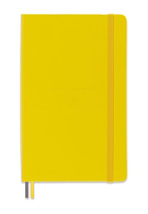 Bright yellow baby journal with embossed duck icon, elastic band closure, and two ribbon bookmarks in yellow and gray.