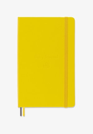 Bright yellow baby journal with embossed duck icon, elastic band closure, and two ribbon bookmarks in yellow and gray.