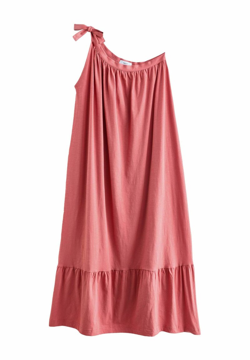 Ärmelloses, einseitiges Kleid in Korallenrosa. Hergestellt aus weicher Baumwolle, mit gerafftem Ausschnitt und einem Rüschensaum. Knoten-Detail an der Schulter.