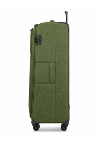 Valigia verde in tessuto con finitura testurizzata, chiusura con cerniera verticale, tasca laterale e manico estraibile su quattro ruote nere.