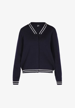 Navyblauwe cardigan met een V-hals en witte gestreepte accenten op de kraag en manchetten, voorzien van een voorrits en een ontspannen pasvorm.
