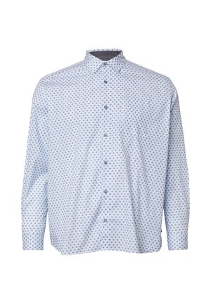 Button-up shirt in light blue with a diamond pattern. Long sleeves, collar, and small front pocket. Made of breathable fabric.