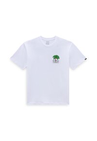 Hvid bomulds t-shirt med et grønt palme-træ grafik og "VANS" tekst nedenfor på venstre bryst. Korte ærmer og rund halsudskæring.