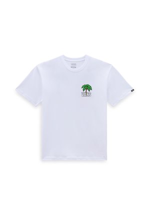 Weißes Baumwoll-T-Shirt mit einem grünen Palmenbaum-Graphic und dem Text "VANS" darunter auf der linken Brust. Kurze Ärmel und Rundhalsausschnitt.