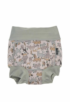 Animal-patterned panties featuring a soft pastel pink base with various animal illustrations in muted colors. Grey waistband and leg openings.