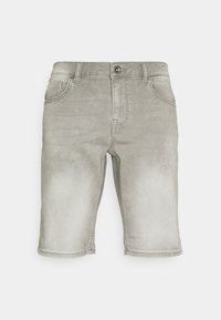 Ljusgrå denimshorts med framfickor, bältesloopar och knappstängning, som visar subtila blekningsdetaljer på låren.