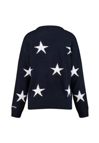 Maglione blu navy con motivi a stelle bianche sulla schiena, realizzato in tessuto morbido, con maniche lunghe e scollatura rotonda. Dettagli decorativi con testo.