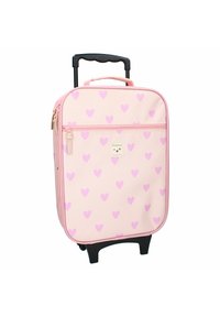 Rosa Kinder-Trolley-Koffer mit lila Herzmuster, vorderer Reißverschlusstasche, ausziehbarem schwarzen Griff und schwarzen Rädern.