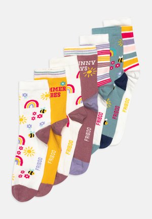 Seven pairs of cotton socks featuring bright colors, patterns of bees, flowers, and rainbows, with ribbed cuffs and varying designs.
