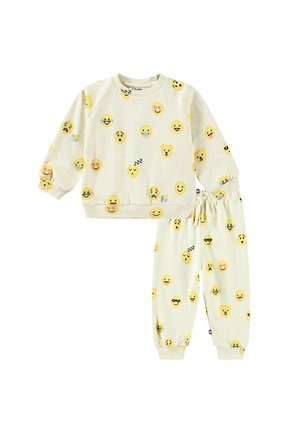 Set di abbigliamento casual giallo con motivo di emoji, realizzato in morbido cotone. Include una felpa a maniche lunghe con polsini a coste e pantaloni abbinati con vita elasticizzata.