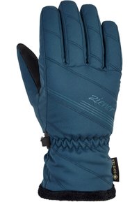 Gant isolant bleu avec un motif matelassé, accent noir sur le pouce, poignet élastique, et logo "Ziener" en bleu clair. Étiquette Gore-Tex visible.