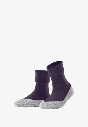 Gemütliche Socken mit einem dunkelvioletten Oberteil und einer weichen grauen strukturierten Sohle; verfügt über einen dicken Bund für zusätzlichen Komfort und Wärme.